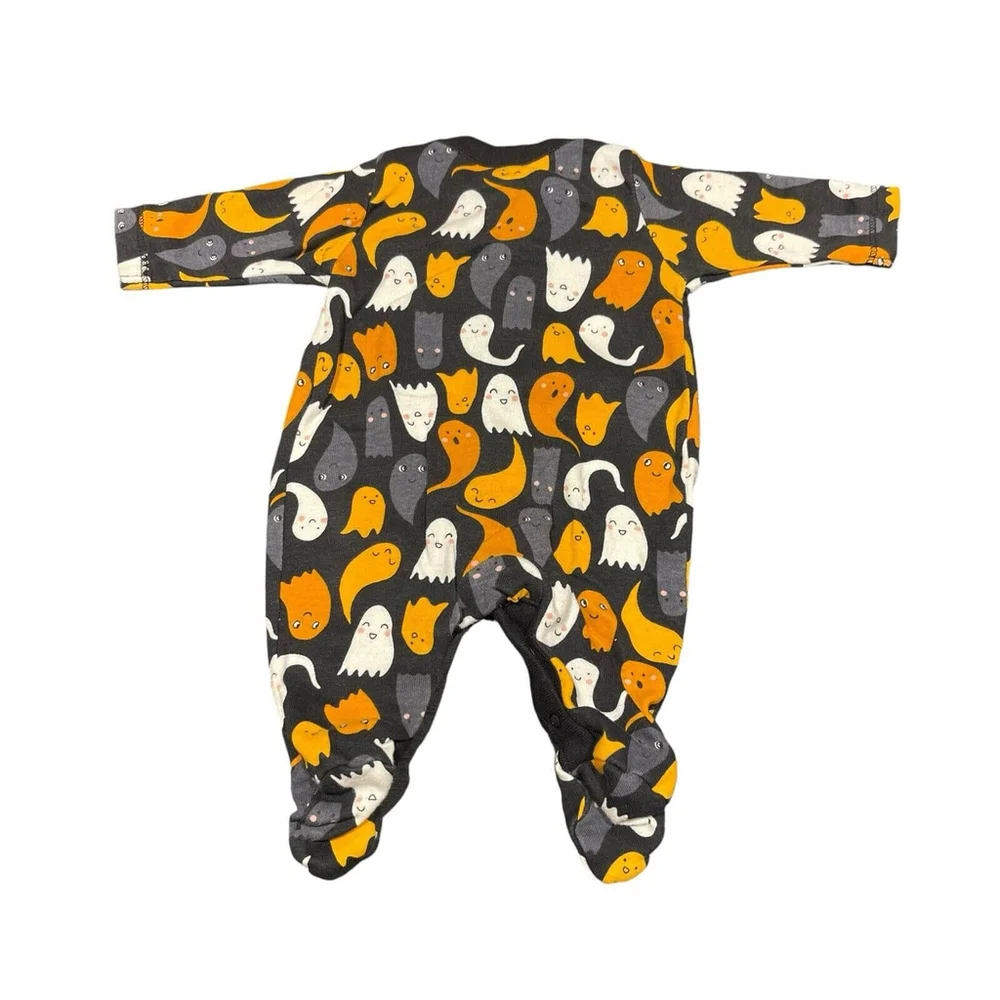 Old Navy Newborn Black Gray White Orange Ghost Print Halloween 1-Pc‎ NB to 7lbs